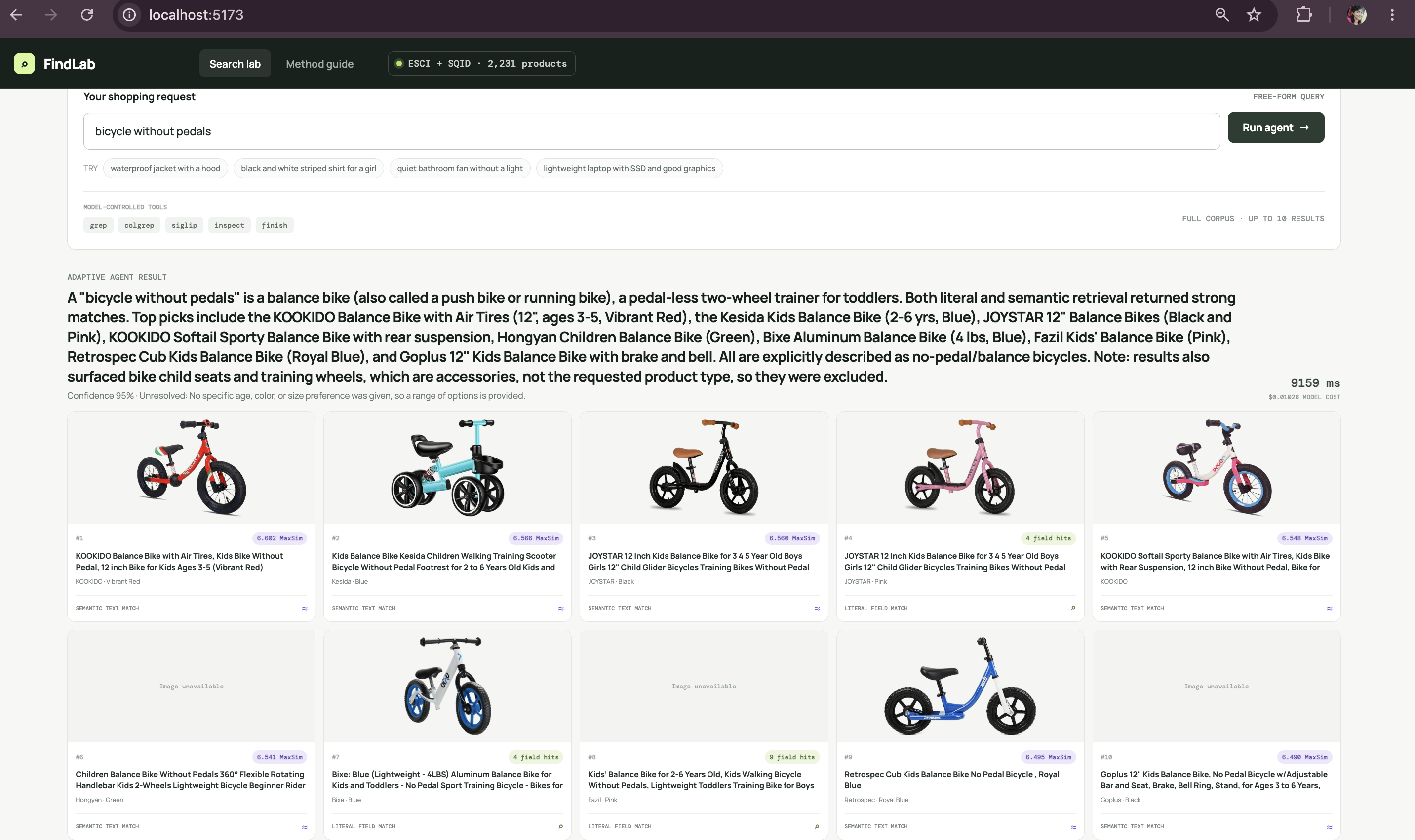 Agent finding balance bikes while excluding accessories