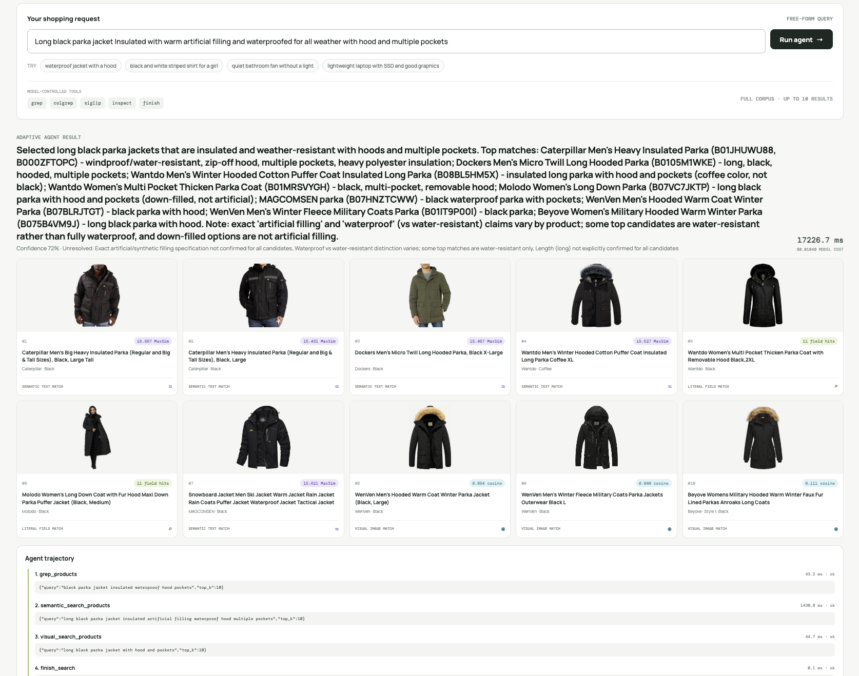 Agent combining three retrievers for a multi-constraint parka query