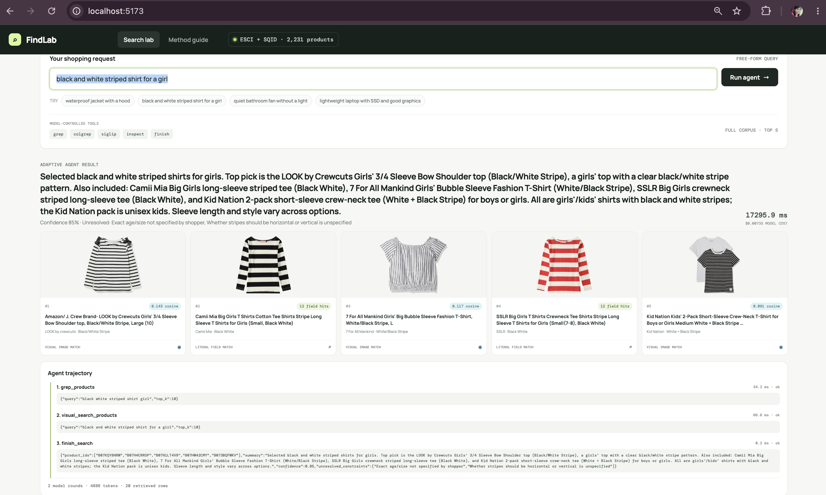 Agent combining grep and SigLIP for black and white striped shirts