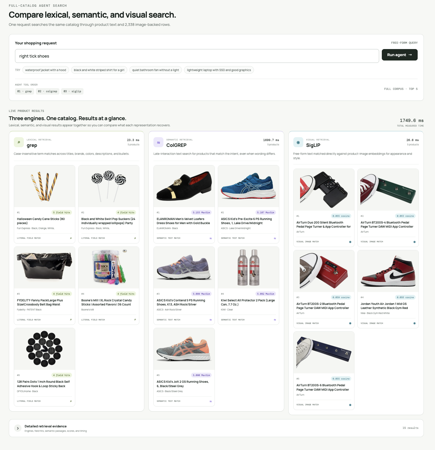 Fixed comparison showing grep, ColGREP, and SigLIP results for right tick shoes